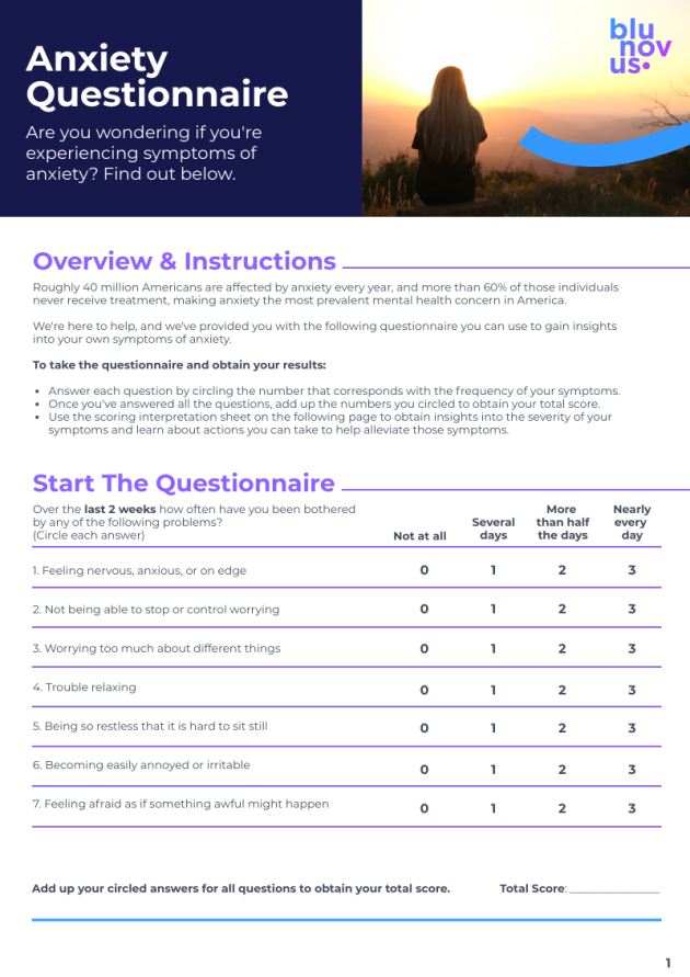 Mental Health Resource: Anxiety Self-Assessment Questionnaire - Blunovus